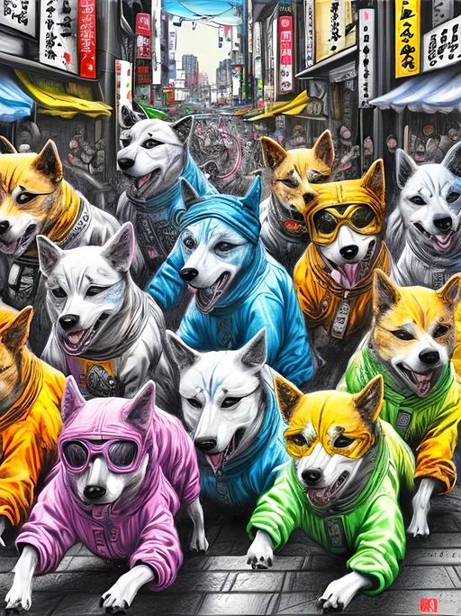 Prompt: pop art chalk pastel art of detailed dogs wearing gangster clothes playing in the streets in japan during a festival, sketch, detailed background, highres, fun atmosphere, natural lighting,  abstract, fun