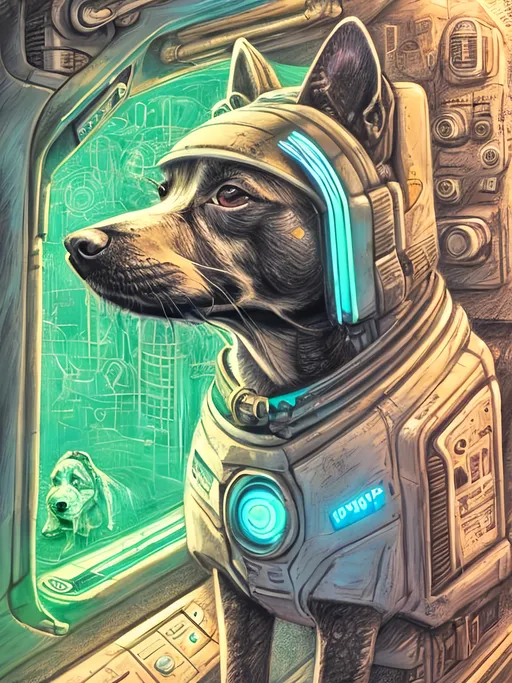 Prompt: chalk pastel style of a  detailed dog in a cyberpunk spaceship, sketch, detailed background, highres, fun atmosphere, natural lighting,  abstract, fun