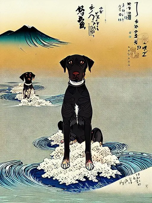 Prompt: black mountain cur dogs pooping in hiroshige wave 