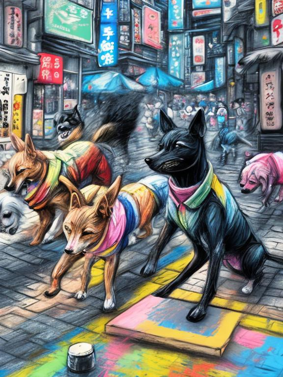 Prompt: pop art chalk pastel art of detailed dogs wearing clothes playing in the streets in japan during a festival, sketch, detailed background, highres, fun atmosphere, natural lighting,  abstract, fun