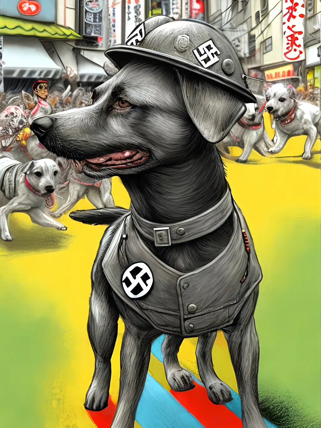 Prompt: pop art chalk pastel art of detailed dogs wearing nazi uniforms playing in the streets in japan during a festival, sketch, detailed background, highres, fun atmosphere, natural lighting,  abstract, fun