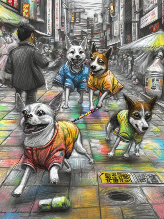 Prompt: pop art chalk pastel art of detailed dogs wearing clothes playing in the streets in japan during a festival, sketch, detailed background, highres, fun atmosphere, natural lighting,  abstract, fun