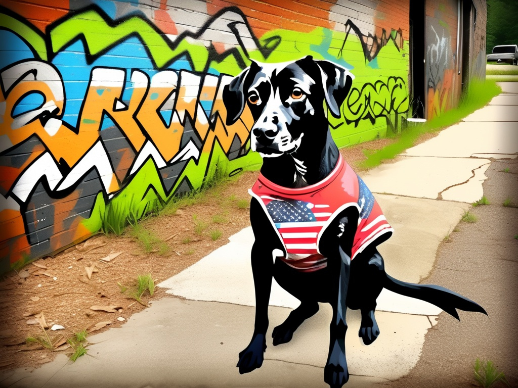 Prompt: Mountain cur black dog in redneck clothing graffiti art style