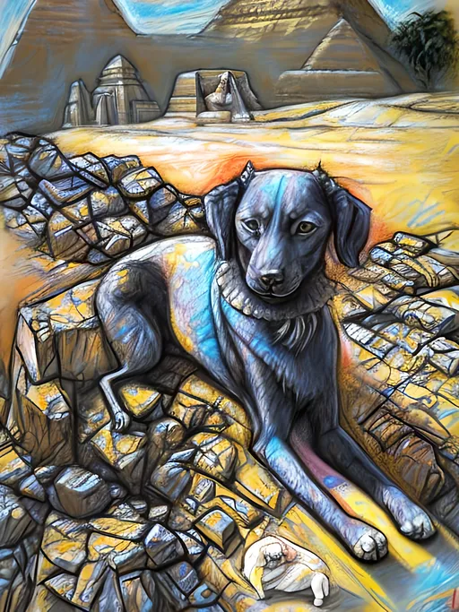 Prompt: chalk pastel art of detailed dog as the sphinx in egypt, sketch, detailed background, highres, fun atmosphere, natural lighting,  abstract, fun