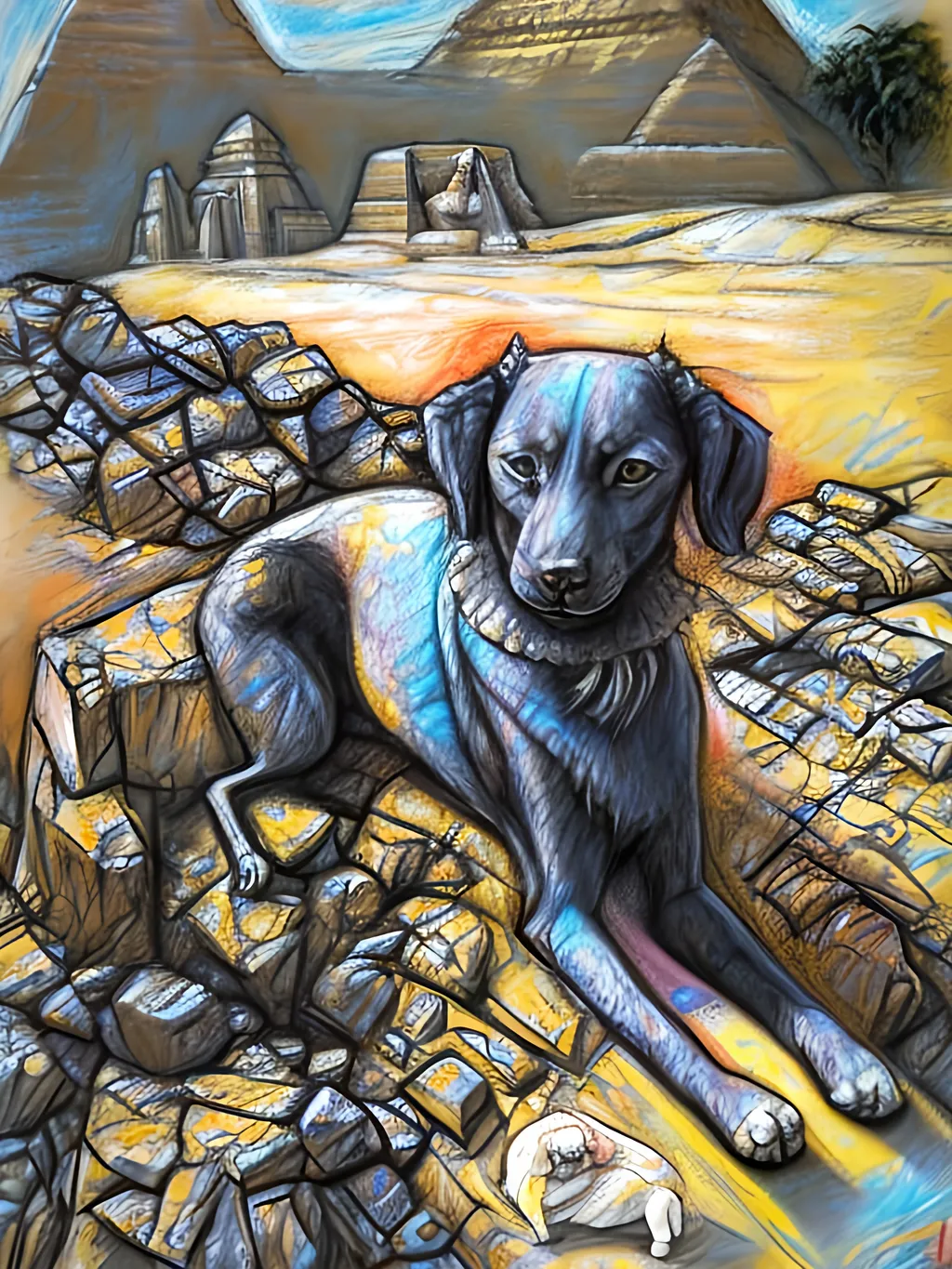 Prompt: chalk pastel art of detailed dog as the sphinx in egypt, sketch, detailed background, highres, fun atmosphere, natural lighting,  abstract, fun