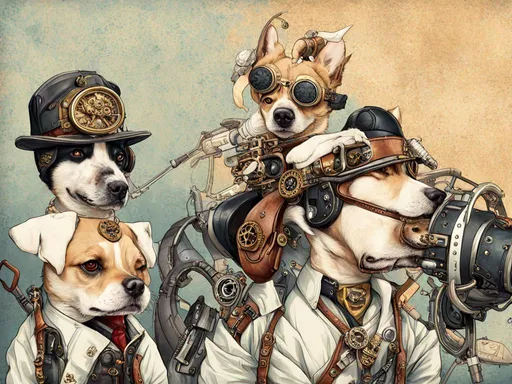 Prompt: steampunk yakuza dogs dressed in pilot clothes
