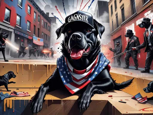 Prompt: Abstract art of a black dogs in gangster clothes, graffiti, streets, patriotic, detailed, atmospheric lighting, battle in the background, highres, abstract, gangster, detailed clothing, patriotic theme, streets, atmospheric lighting, dogs