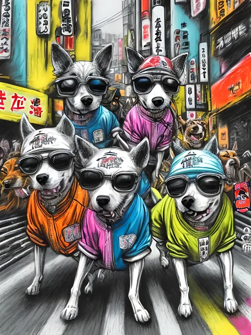 Prompt: pop art chalk pastel art of detailed dogs wearing gangster clothes playing in the streets in japan during a festival, sketch, detailed background, highres, fun atmosphere, natural lighting,  abstract, fun