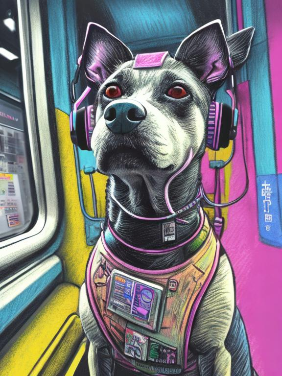 Prompt: pop art chalk pastel art of a detailed dog listening to music on the train in cyberpunk japan during a festival, sketch, detailed background, highres, fun atmosphere, natural lighting,  abstract, fun