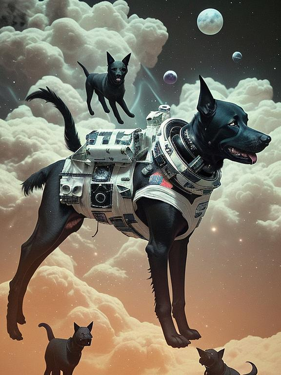Prompt: Surrealism black dogs in astronaut outfits in space, abstract art style, eerie atmosphere, floating celestial bodies, mysterious nebulae, dreamlike, surreal, high contrast, otherworldly, abstract, space, astronaut, eerie atmosphere, celestial bodies, dreamlike, surreal, high contrast, mysterious, nebulae, dogs