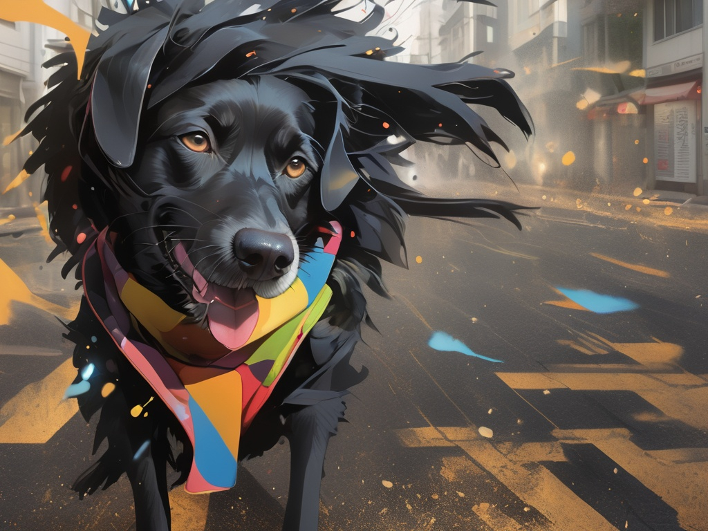 Prompt: black dog wearing ninja clothes having fun in the streets with a battle in the background, dogs, abstract art, Screen print, splash screen art, digital art, 8k resolution trending on Artstation, golden ratio, akira, rule of thirds, geometric bauhaus, Studio Ghibli, Anime Key Visual, by Makoto Shinkai, Deep Color, Intricate, 8k resolution concept art, Natural Lighting, Beautiful Composition