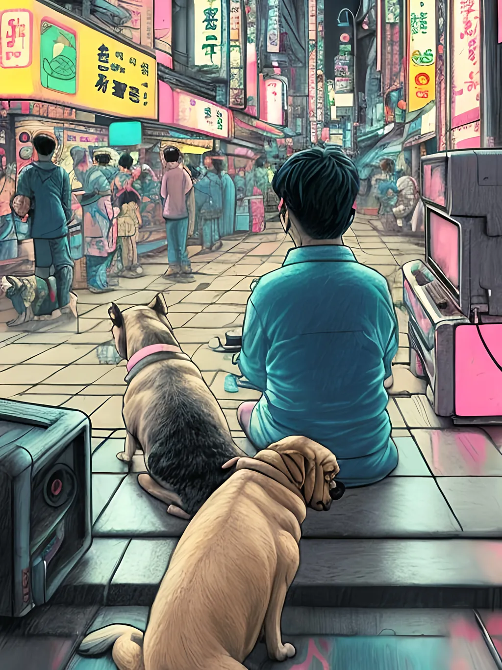 Prompt: pop art chalk pastel art of detailed dog watching tv in the streets in cyberpunk japan during a festival, sketch, detailed background, highres, fun atmosphere, natural lighting,  abstract, fun