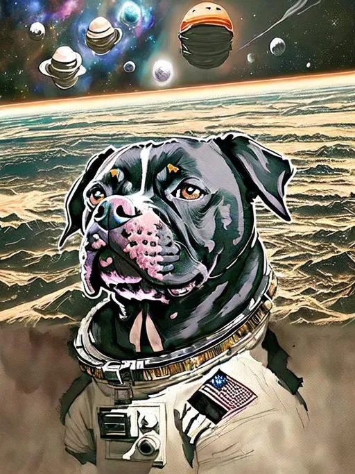 Prompt: Surrealism black dogs in trump outfits in space, abstract art style, cowboy hat, fun atmosphere, floating celestial bodies, mysterious nebulae, dreamlike, surreal, high contrast, otherworldly, abstract, space, astronaut, fun atmosphere, celestial bodies, dreamlike, surreal, high contrast, mysterious, nebulae, dogs, usa