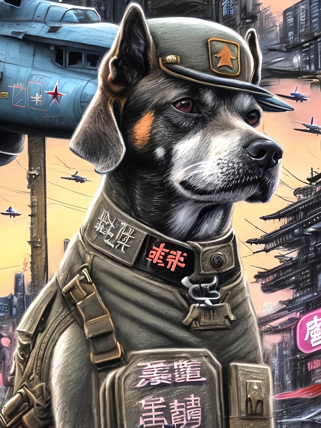 Prompt: chalk pastel art of a detailed dog wearing a military uniform on the streets in cyberpunk japan during a festival with planes in the background, sketch, detailed background, highres, fun atmosphere, natural lighting,  abstract, fun