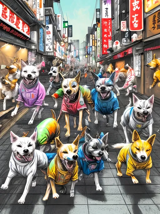 Prompt: pop art chalk pastel art of detailed dogs wearing gangster clothes playing in the streets in japan during a festival, sketch, detailed background, highres, fun atmosphere, natural lighting,  abstract, fun