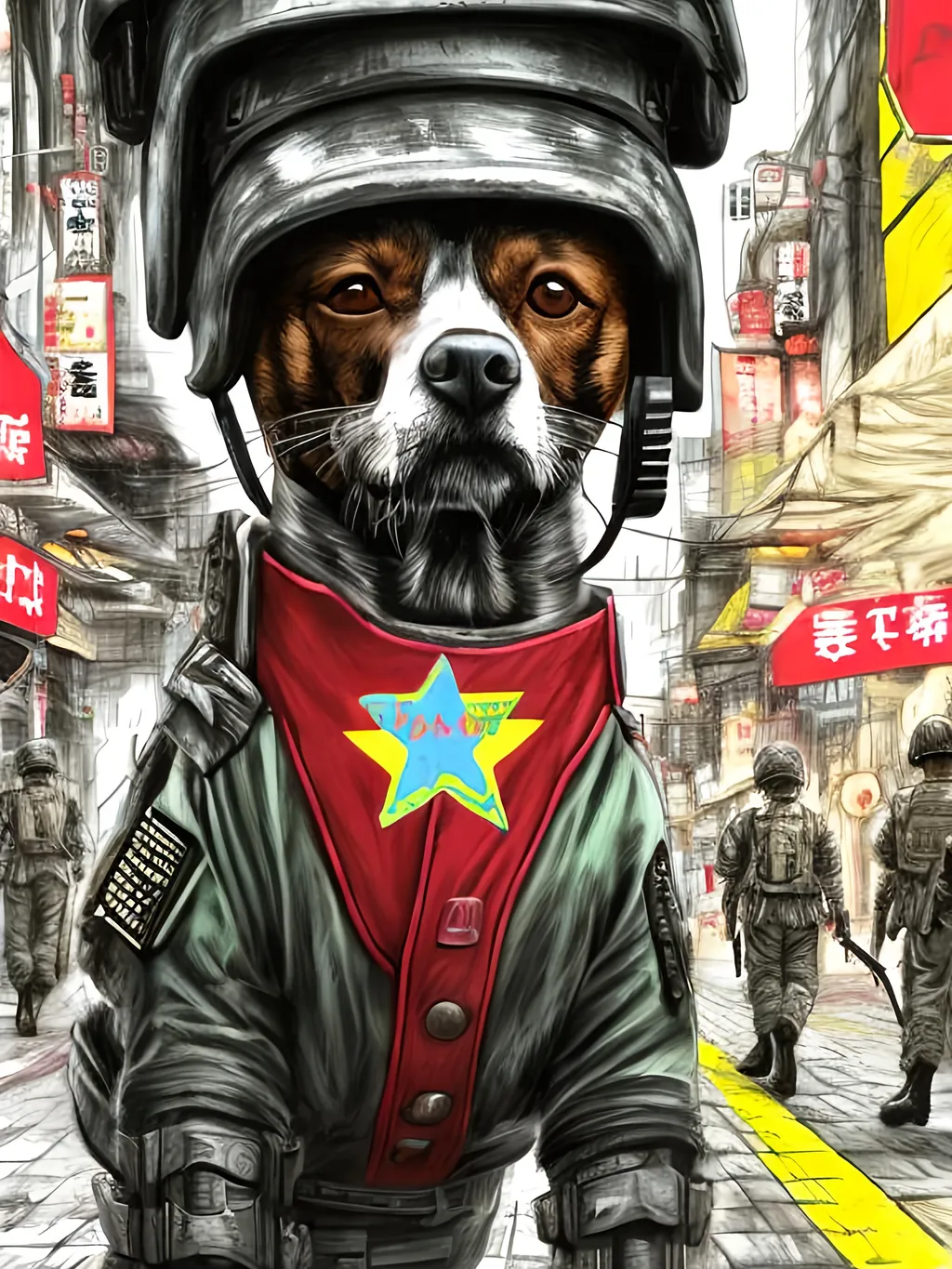 Prompt: pop art chalk pastel art of detailed dog wearing military uniforms<mymodel> playing in the streets in cyberpunk japan during a festival, sketch, detailed background, highres, fun atmosphere, natural lighting,  abstract, fun