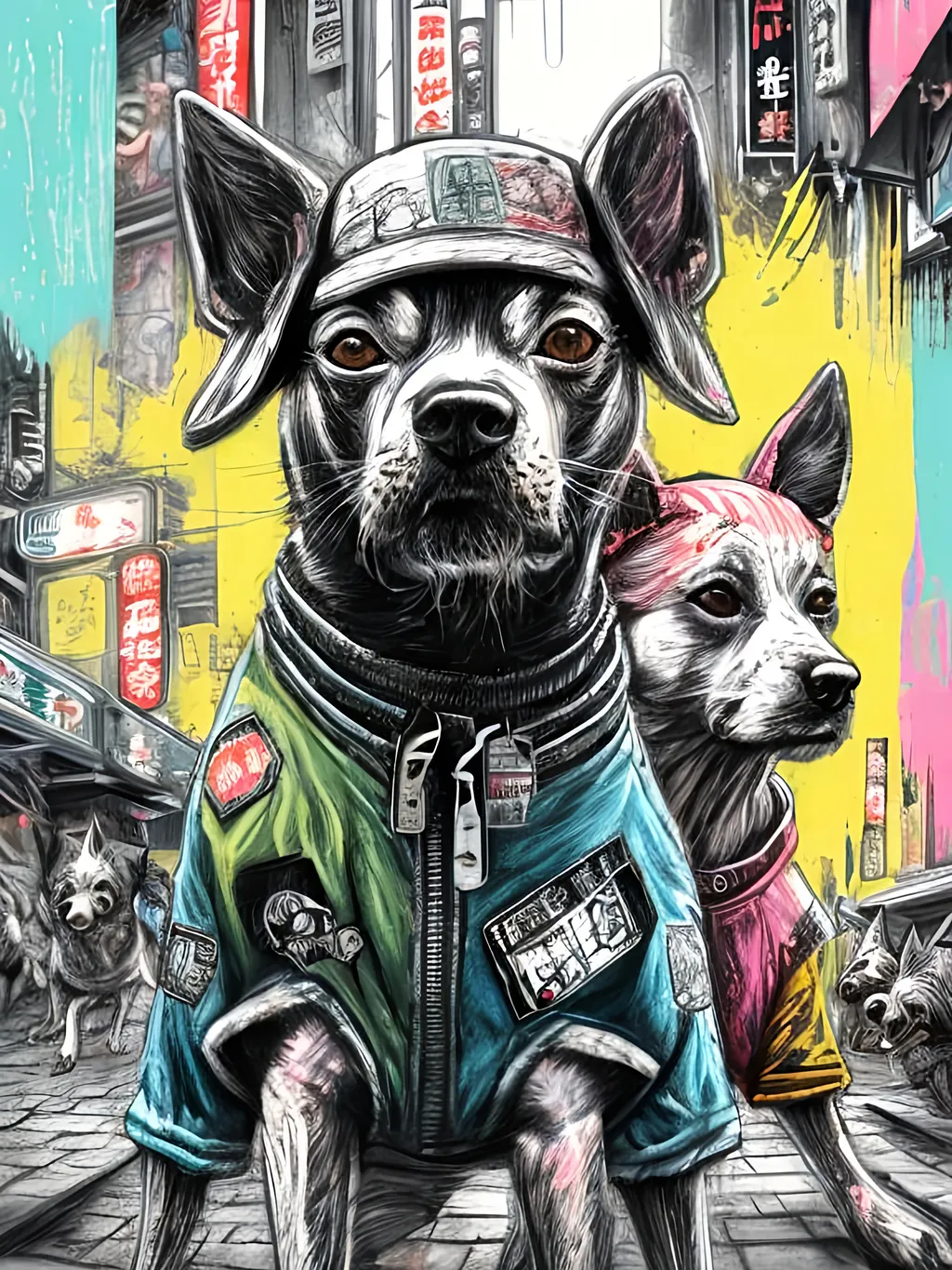 Prompt: pop art chalk pastel art of detailed dogs wearing gangster clothes playing in the streets in cyberpunk japan during a festival, sketch, detailed background, highres, fun atmosphere, natural lighting,  abstract, fun