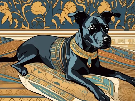 Prompt: Art Nouveau style black dog in egyptian clothing