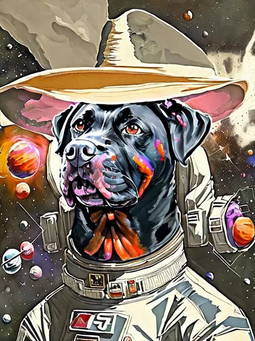 Prompt: Surrealism black dogs in trump outfits in space, abstract art style, cowboy hat, fun atmosphere, floating celestial bodies, mysterious nebulae, dreamlike, surreal, high contrast, otherworldly, abstract, space, astronaut, fun atmosphere, celestial bodies, dreamlike, surreal, high contrast, mysterious, nebulae, dogs, usa