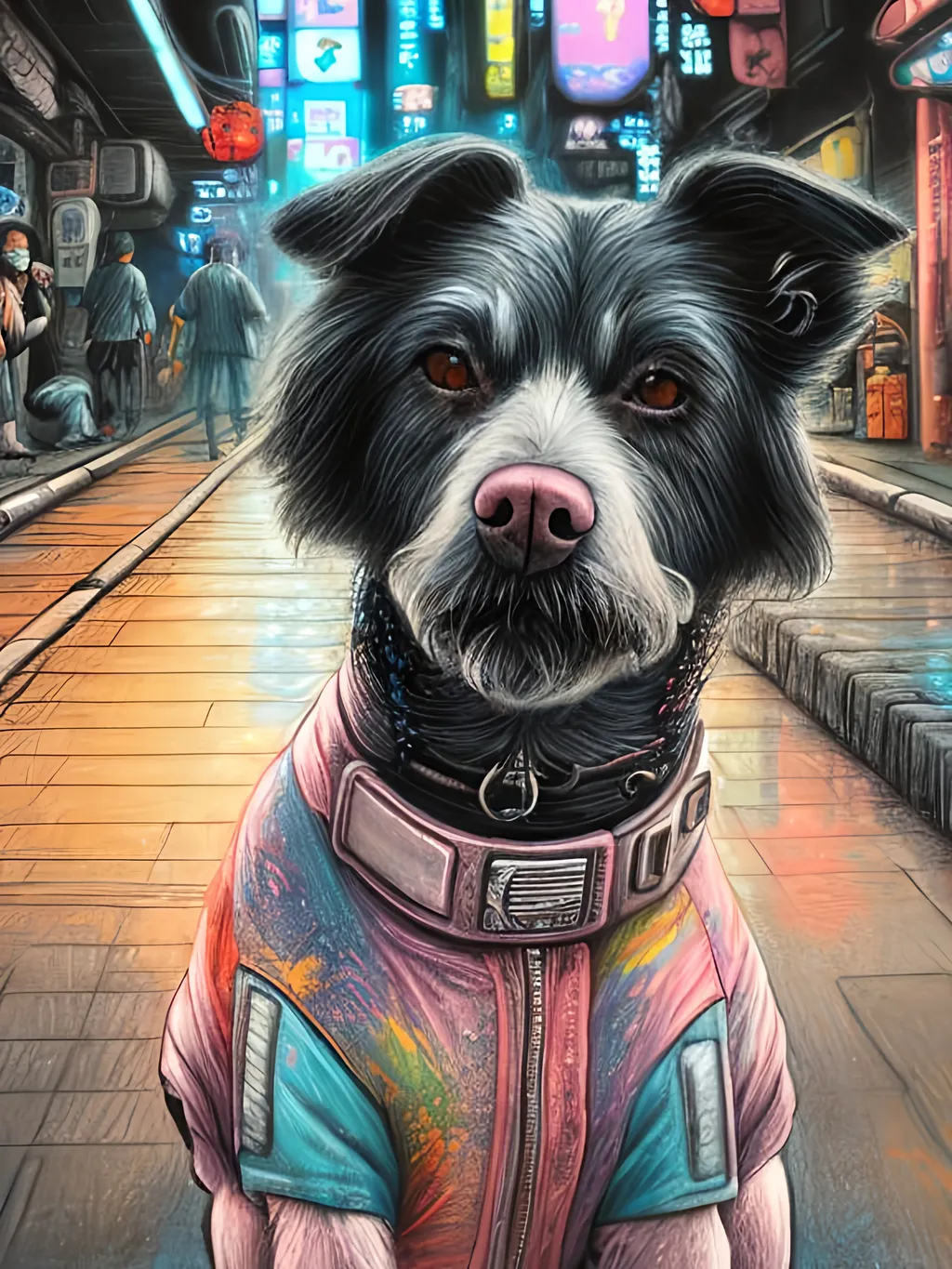 Prompt: chalk pastel art of a detailed dog wearing clothes in the streets in cyberpunk japan during a festival, sketch, detailed background, highres, fun atmosphere, natural lighting,  abstract, fun