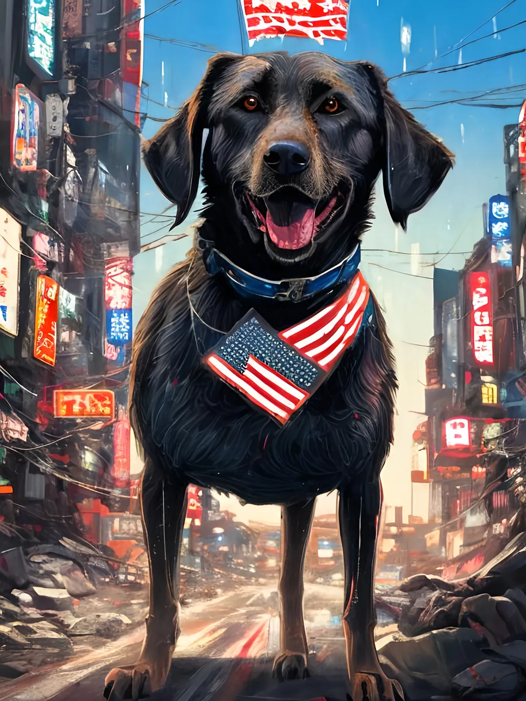 Prompt: a detailed mountain cur black dog wearing usa clothes at a city rally in cyberpunk japan, pop art chalk pastel, detailed background, high res, fun