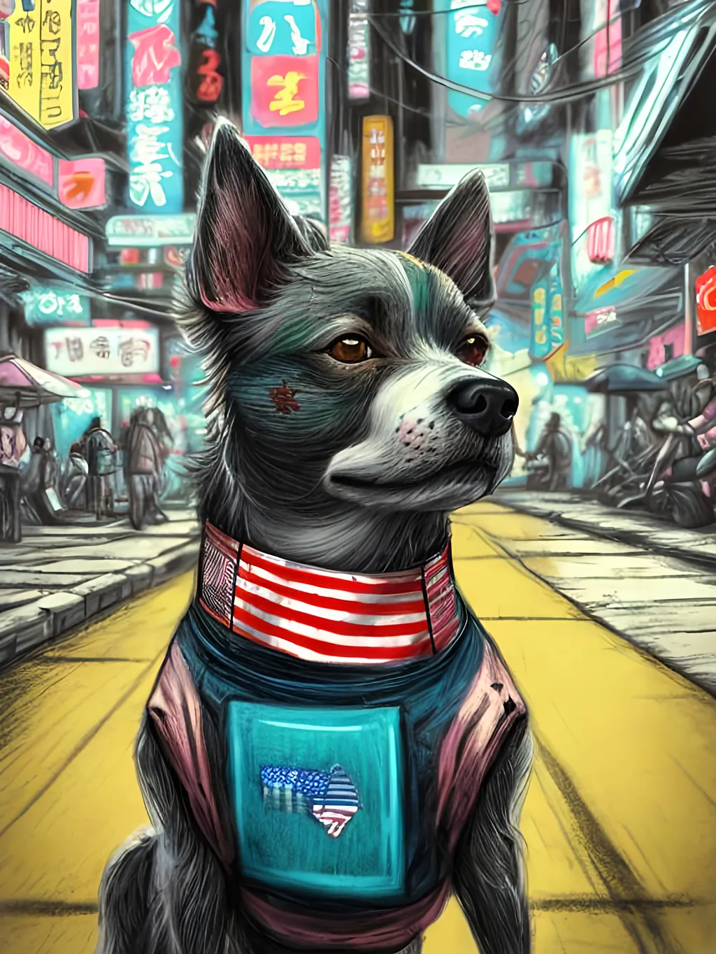 Prompt: pop art chalk pastel art of detailed dog wearing USA clothes playing in the streets in cyberpunk japan during a festival, sketch, detailed background, highres, fun atmosphere, natural lighting,  abstract, fun