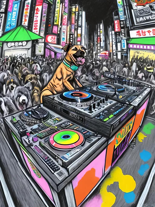 Prompt: pop art chalk pastel art of detailed dog DJing in the streets in Japan during a festival, sketch, detailed background, highres, fun atmosphere, natural lighting,  abstract, fun