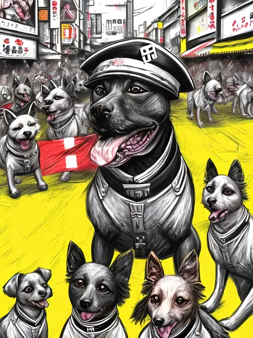 Prompt: pop art chalk pastel art of detailed dogs wearing nazi uniforms playing in the streets in japan during a festival, sketch, detailed background, highres, fun atmosphere, natural lighting,  abstract, fun