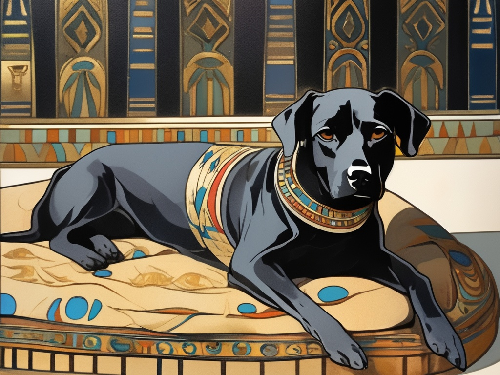 Prompt: Art Nouveau style black dog in egyptian clothing