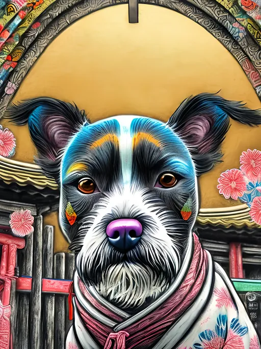 Prompt: pop art chalk pastel style of a  detailed dog in a kimono at a shrine, sketch, detailed background, highres, fun atmosphere, natural lighting,  abstract, fun