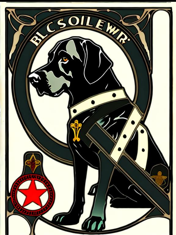 Prompt: black dog in soldier clothing Art Nouveau style