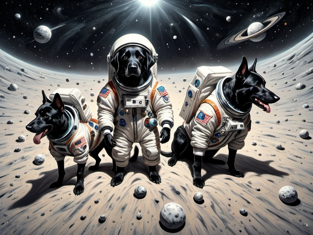 Prompt: abstract style art of black dogs in space in astronaut outfits