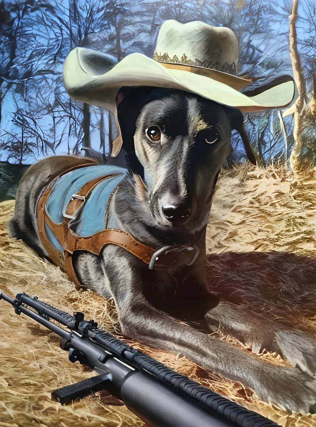 Prompt: a hunting rifle laying next to a mountain cur dog