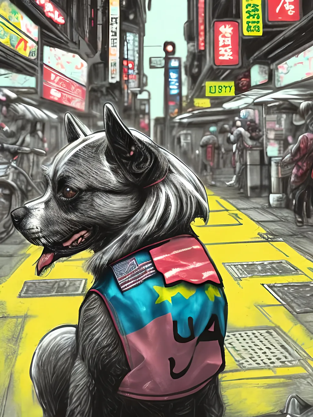 Prompt: pop art chalk pastel art of detailed dog wearing USA clothes playing in the streets in cyberpunk japan during a festival, sketch, detailed background, highres, fun atmosphere, natural lighting,  abstract, fun