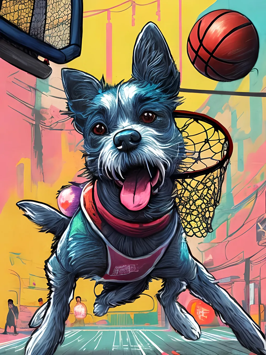 Prompt: pop art chalk pastel art of detailed dog playing basket ball game in cyberpunk japan, sketch, detailed background, highres, fun atmosphere, natural lighting,  abstract, fun