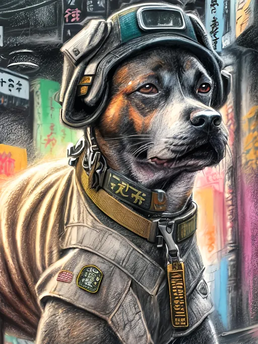 Prompt: chalk pastel art of a detailed dog military clothes on the streets in cyberpunk japan during a festival, sketch, detailed background, highres, fun atmosphere, natural lighting,  abstract, fun