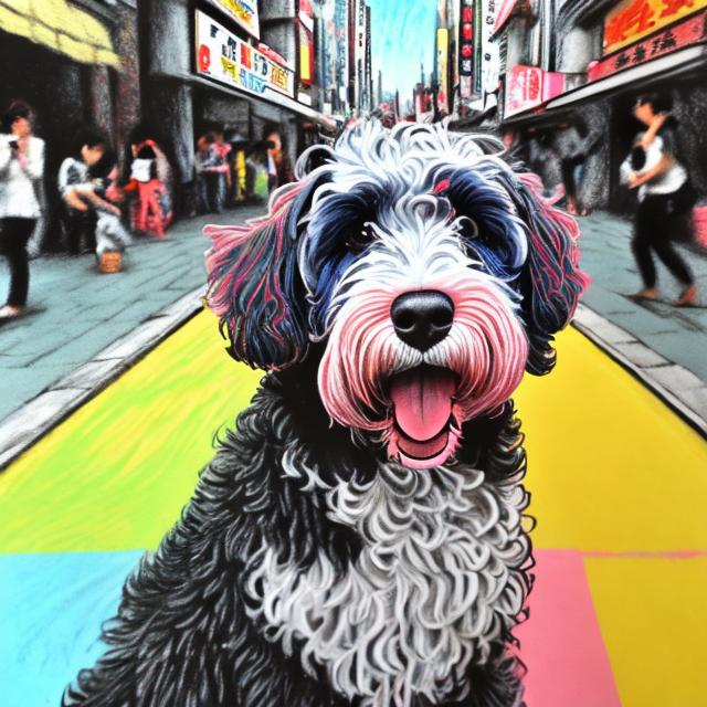 Prompt: pop art chalk pastel art of a detailed bernedoodle dog on the streets in Japan during a festival, sketch, detailed background, highres, fun atmosphere, natural lighting,  abstract, fun