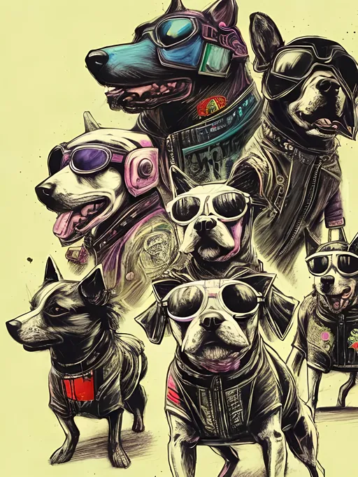 Prompt: pop art chalk pastel art of detailed dogs wearing biker gang clothes playing in the streets in cyberpunk japan during a festival, sketch, detailed background, highres, fun atmosphere, natural lighting,  abstract, fun