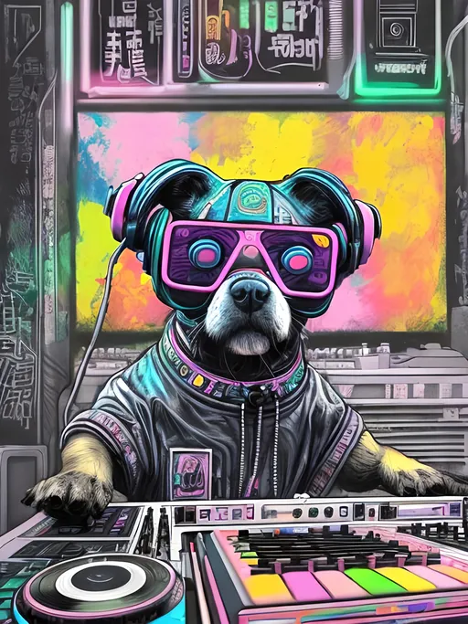 Prompt: pop art chalk pastel art of detailed dog DJing in cyberpunk Japan, sketch, detailed background, highres, fun atmosphere, natural lighting,  abstract, fun