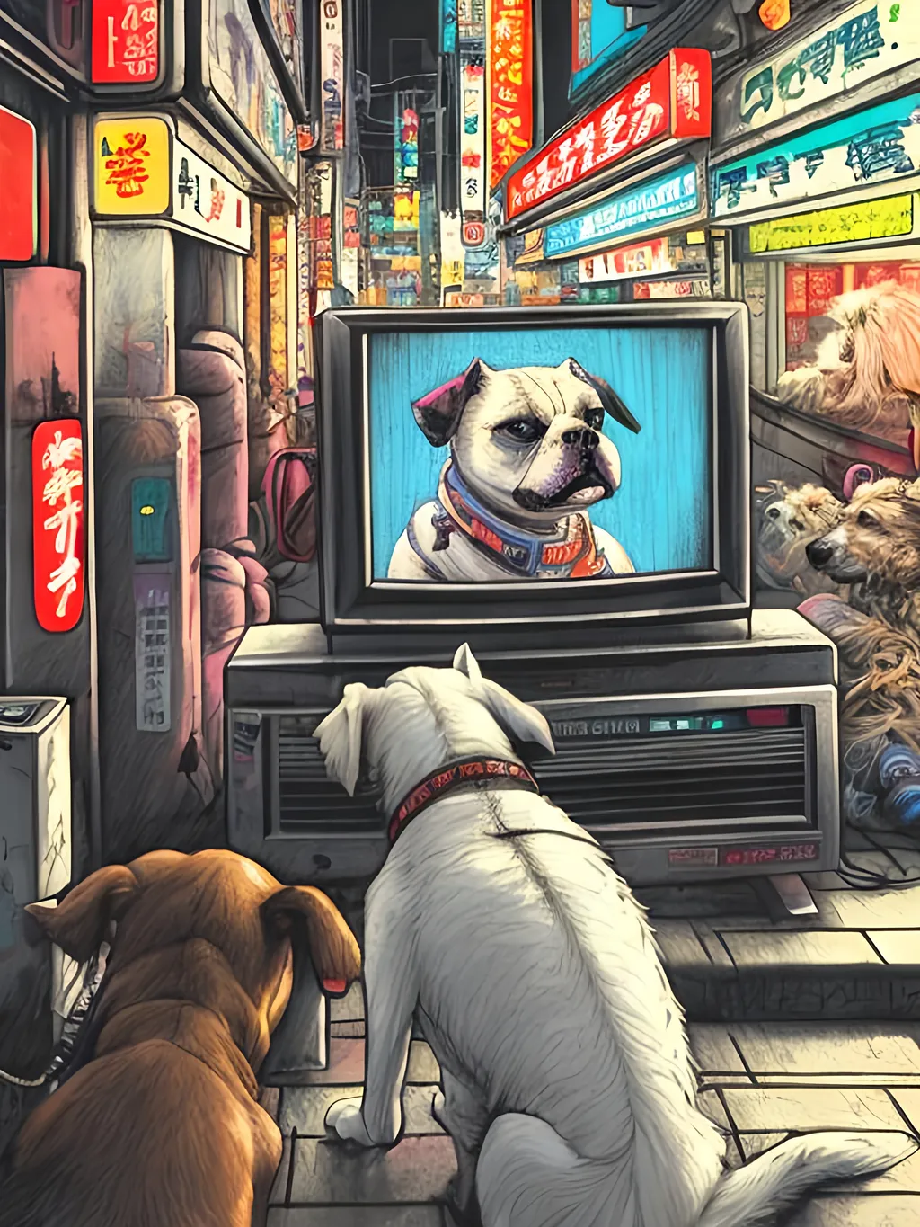 Prompt: pop art chalk pastel art of detailed dog watching tv in the streets in cyberpunk japan during a festival, sketch, detailed background, highres, fun atmosphere, natural lighting,  abstract, fun