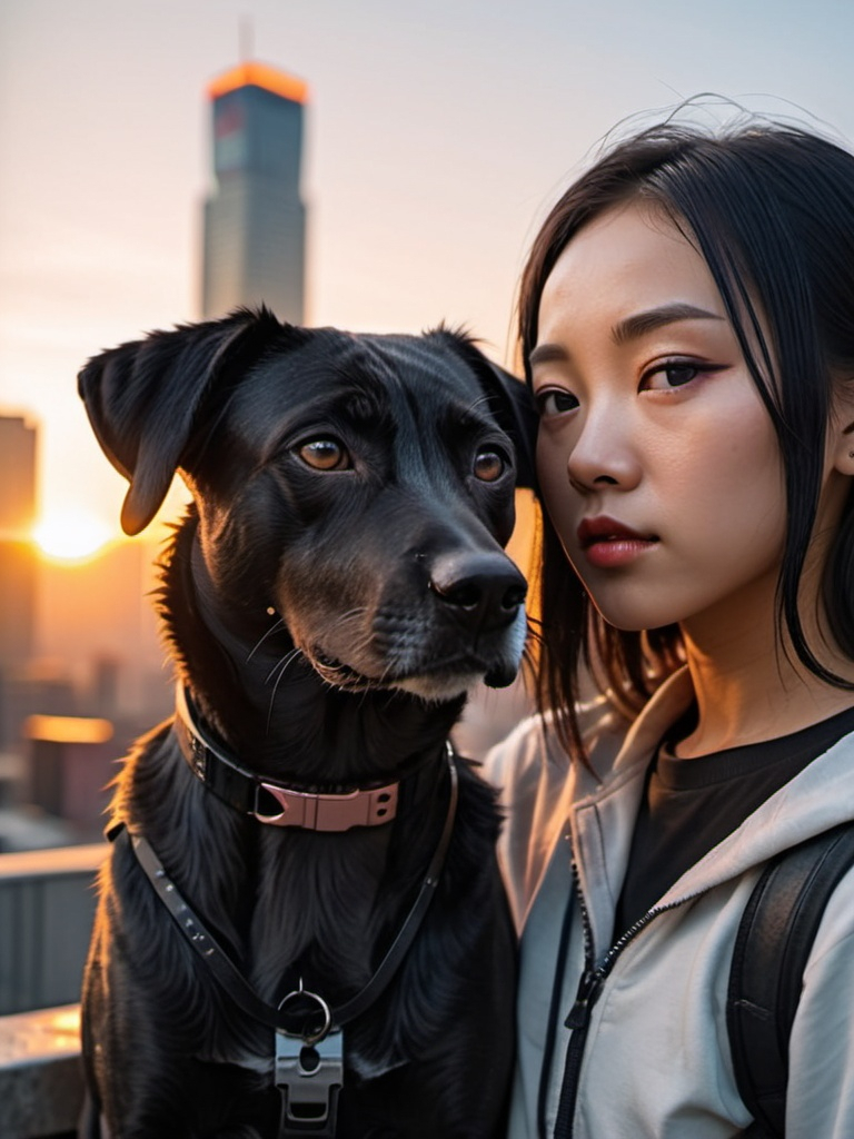 Prompt: mountain cur black dog with half asian girl in cyberpunk city with sun set