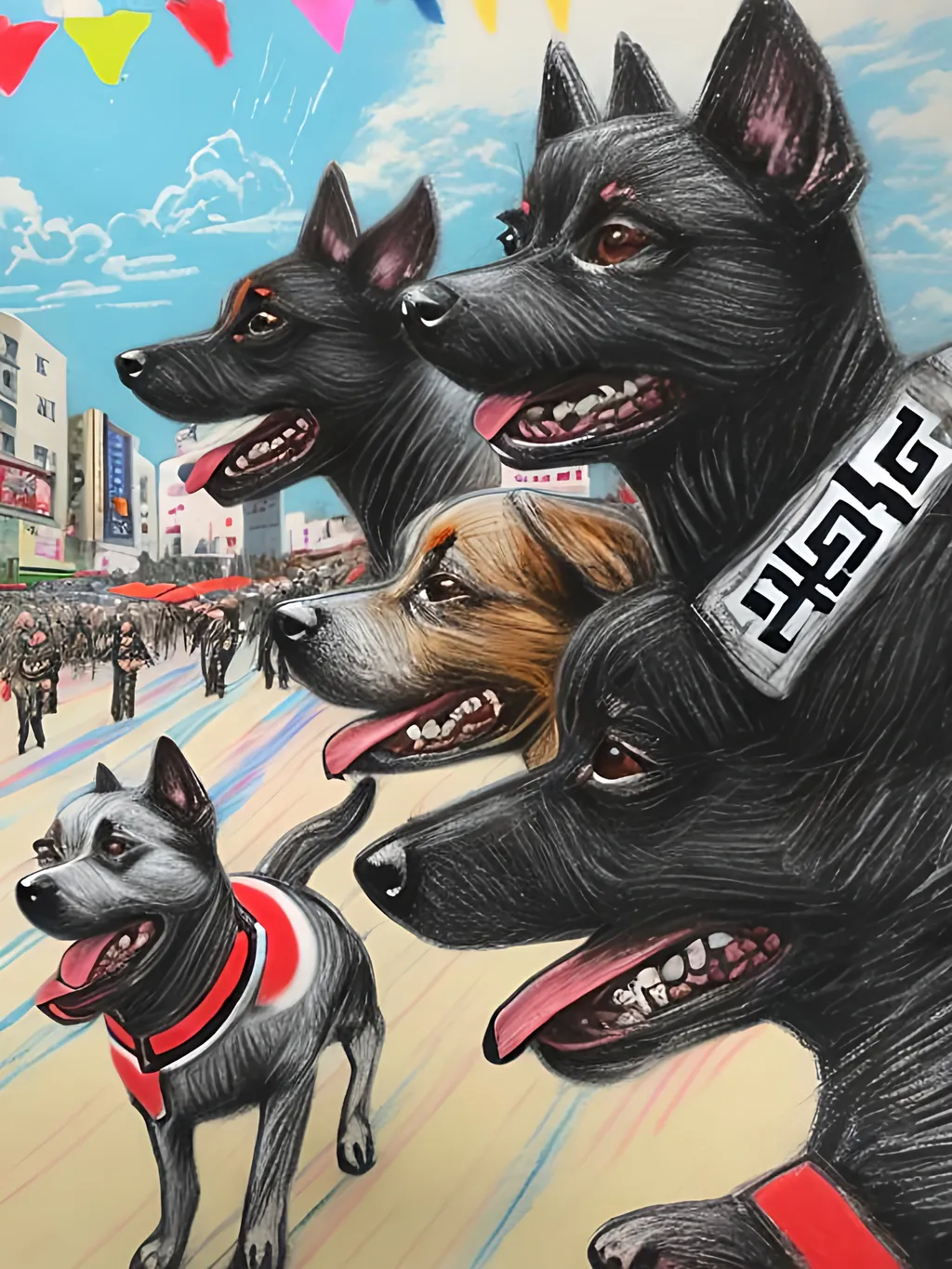 Prompt: pop art chalk pastel art of detailed dogs wearing nazi uniforms playing in the streets in japan during a festival, sketch, detailed background, highres, fun atmosphere, natural lighting,  abstract, fun