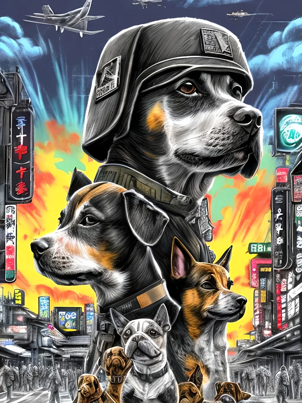 Prompt: pop art chalk pastel art of a detailed dogs wearing military uniforms on the streets in cyberpunk japan during a festival with planes in the background, sketch, detailed background, highres, fun atmosphere, natural lighting,  abstract, fun