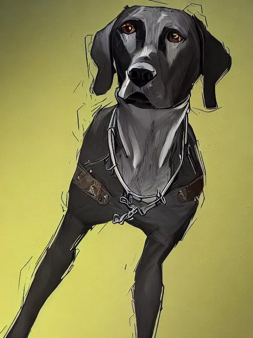 Prompt: mountain cur black dog in clothes gangster abstract art