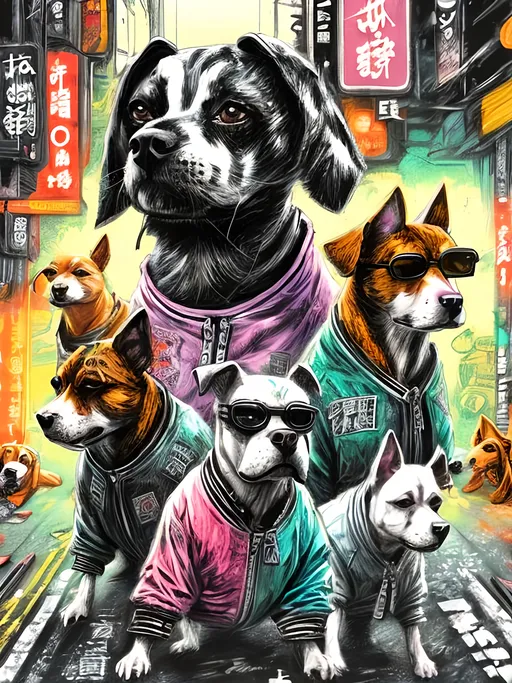 Prompt: pop art chalk pastel art of detailed dogs wearing gangster clothes playing in the streets in cyberpunk japan during a festival, sketch, detailed background, highres, fun atmosphere, natural lighting,  abstract, fun