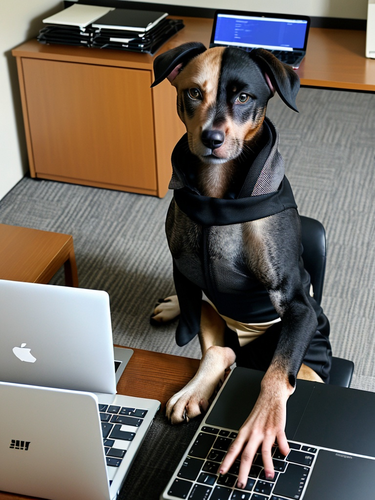 Prompt: all black mountain cur dog dressed as yakuza working on a laptop in an office