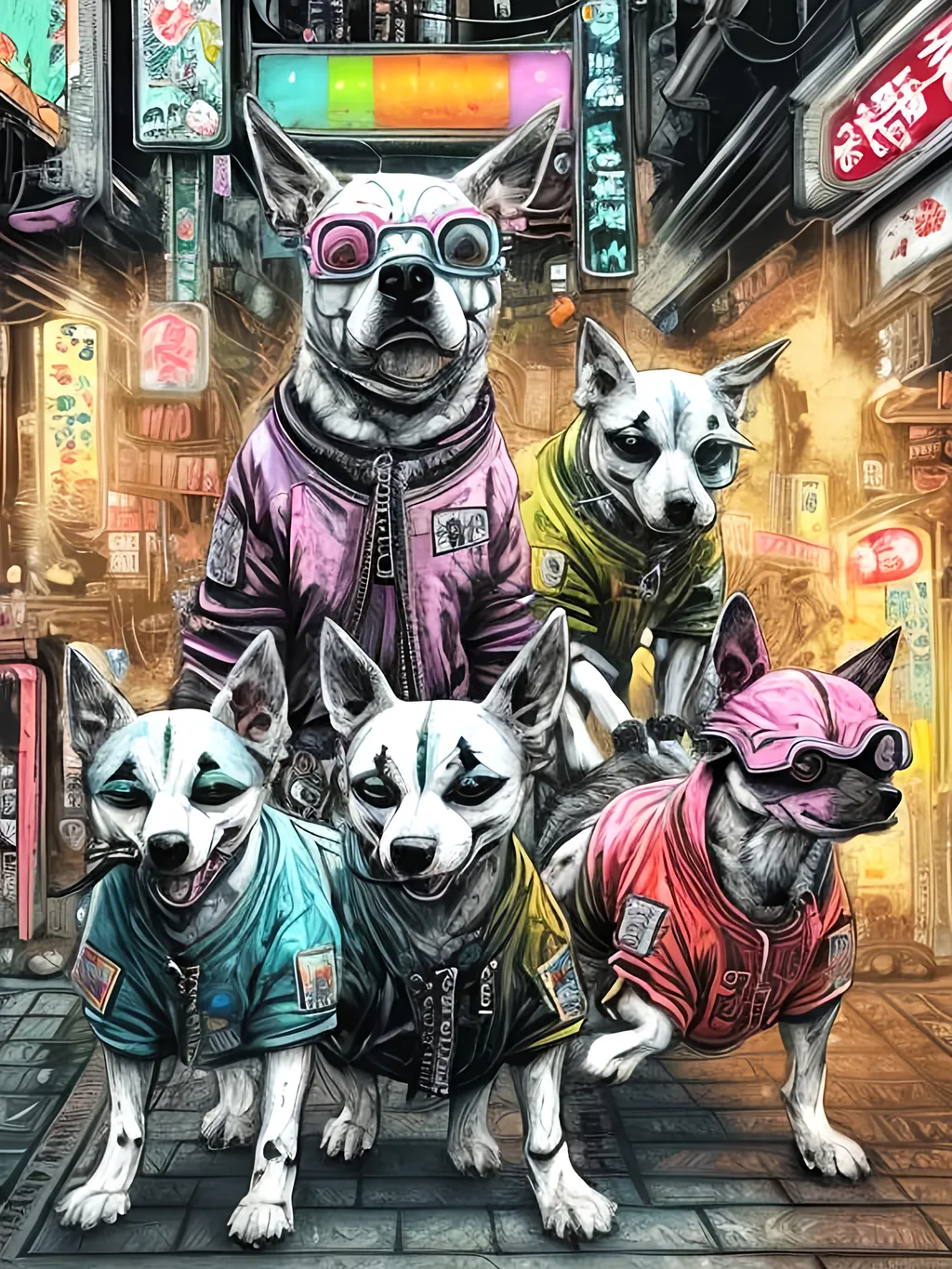 Prompt: pop art chalk pastel art of detailed dogs wearing gangster clothes playing in the streets in cyberpunk japan during a festival, sketch, detailed background, highres, fun atmosphere, natural lighting,  abstract, fun