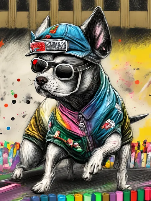 Prompt: pop art chalk pastel art of detailed dogs wearing gangster clothes playing in the streets in japan during a festival, sketch, detailed background, highres, fun atmosphere, natural lighting,  abstract, fun