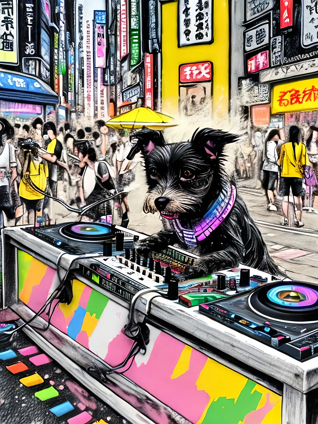 Prompt: pop art chalk pastel art of detailed dog DJing in the streets in Japan during a festival, sketch, detailed background, highres, fun atmosphere, natural lighting,  abstract, fun