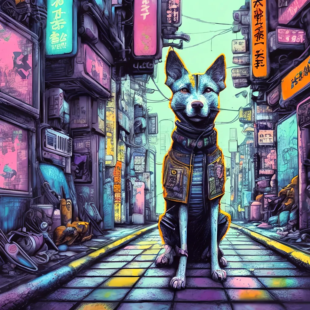 Prompt: pop art chalk pastel, a detailed grunge dog in the streets in cyberpunk japan, detailed background, natural lighting, highres, fun